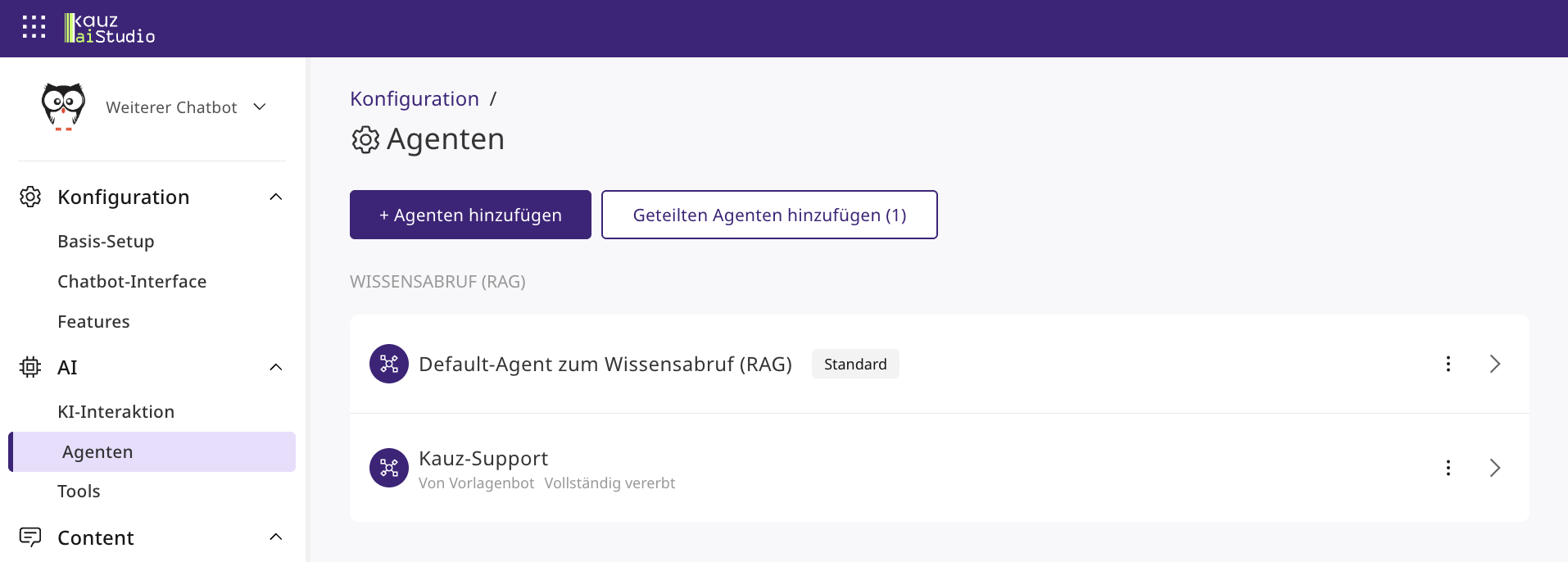 Agenten-Management im übernehmenden Chatbot. Der übernommene Agent Kauz-Support trägt die Hinweise Von Vorlagenbot und Vollständig vererbt.