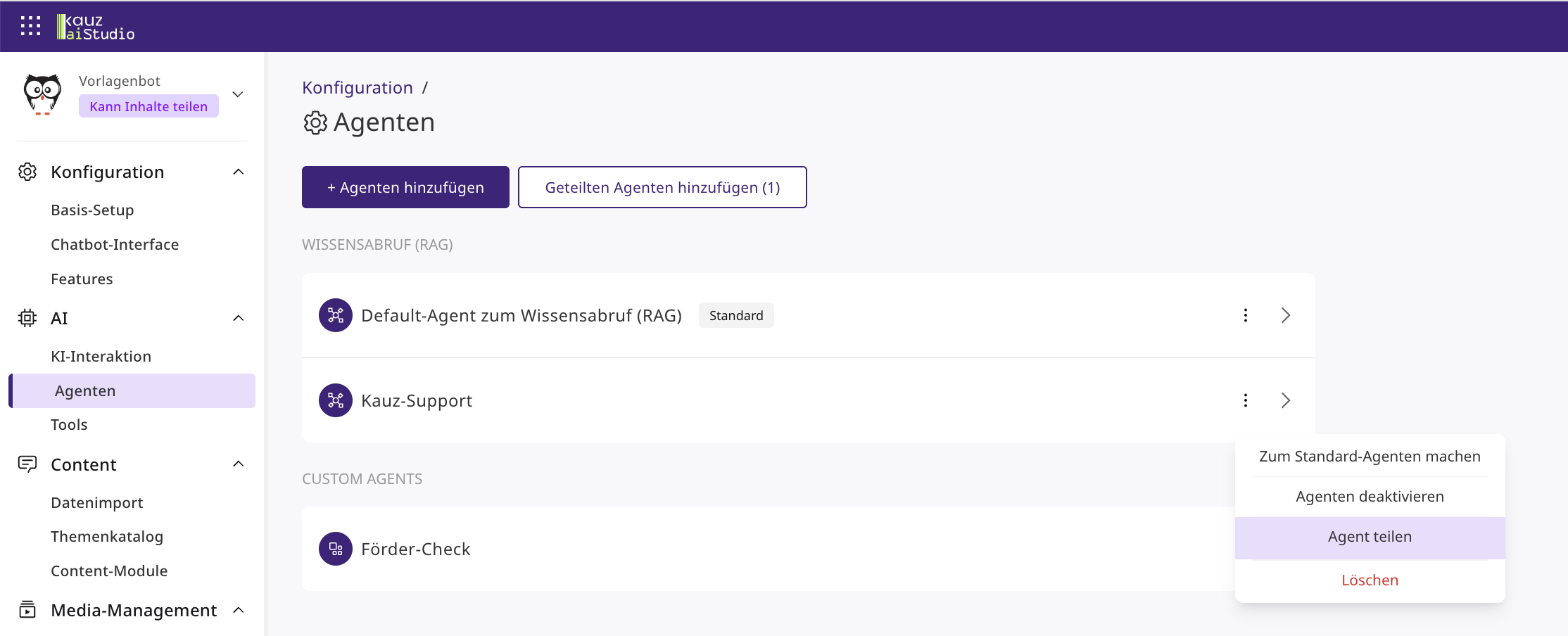 Agenten-Management im Vorlagenbot mit dem Label Kann Inhalte teilen. Im Menü des Agenten Kauz-Support ist Agent teilen ausgewählt.