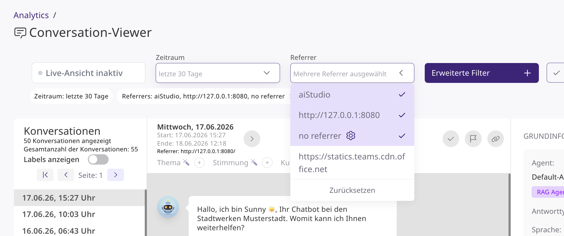 Konfiguration für "no referrer"-Filter im Conversation Viewer über Zahnrad-Symbol