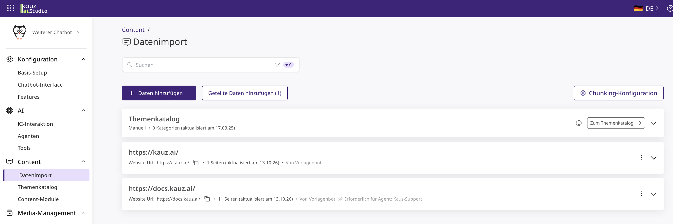 Datenimport im mitnutzenden Chatbot. Beide mitgenutzten Korpora tragen den Hinweis Von Vorlagenbot und haben keine Recrawling-Schaltflächen. Beim Korpus https://docs.kauz.ai/ steht zusätzlich Erforderlich für Agent: Kauz-Support.