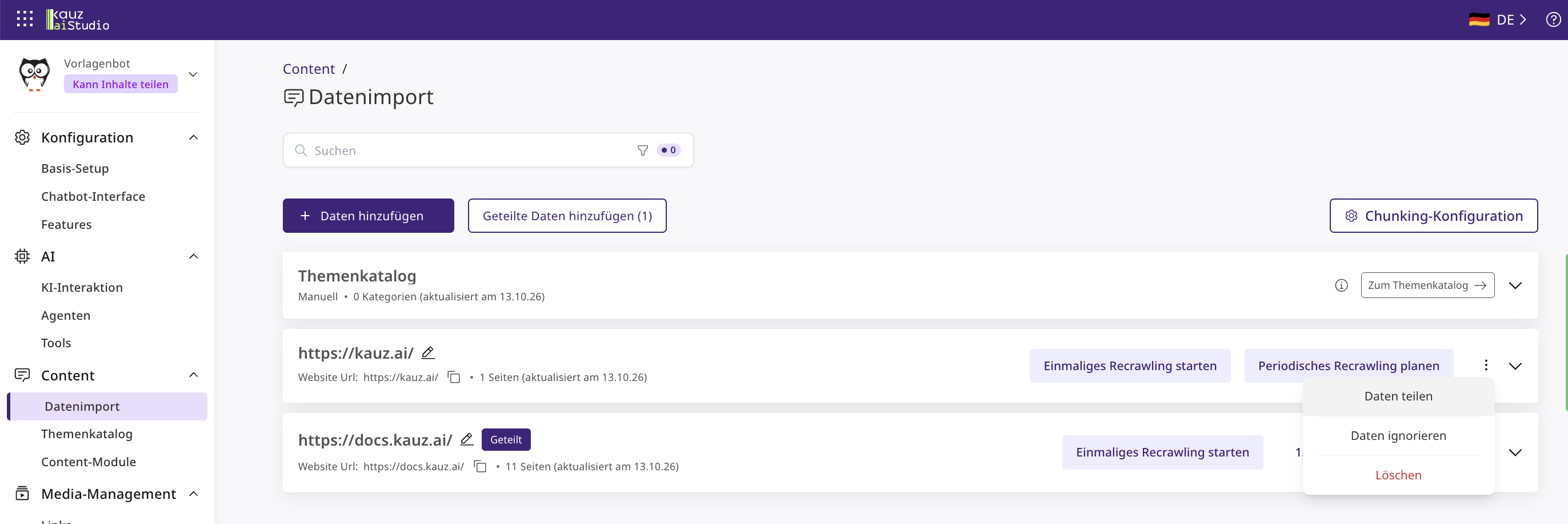Datenimport im Vorlagenbot. Das Korpus https://docs.kauz.ai/ ist bereits geteilt, im Menü des Korpus https://kauz.ai/ steht Daten teilen.