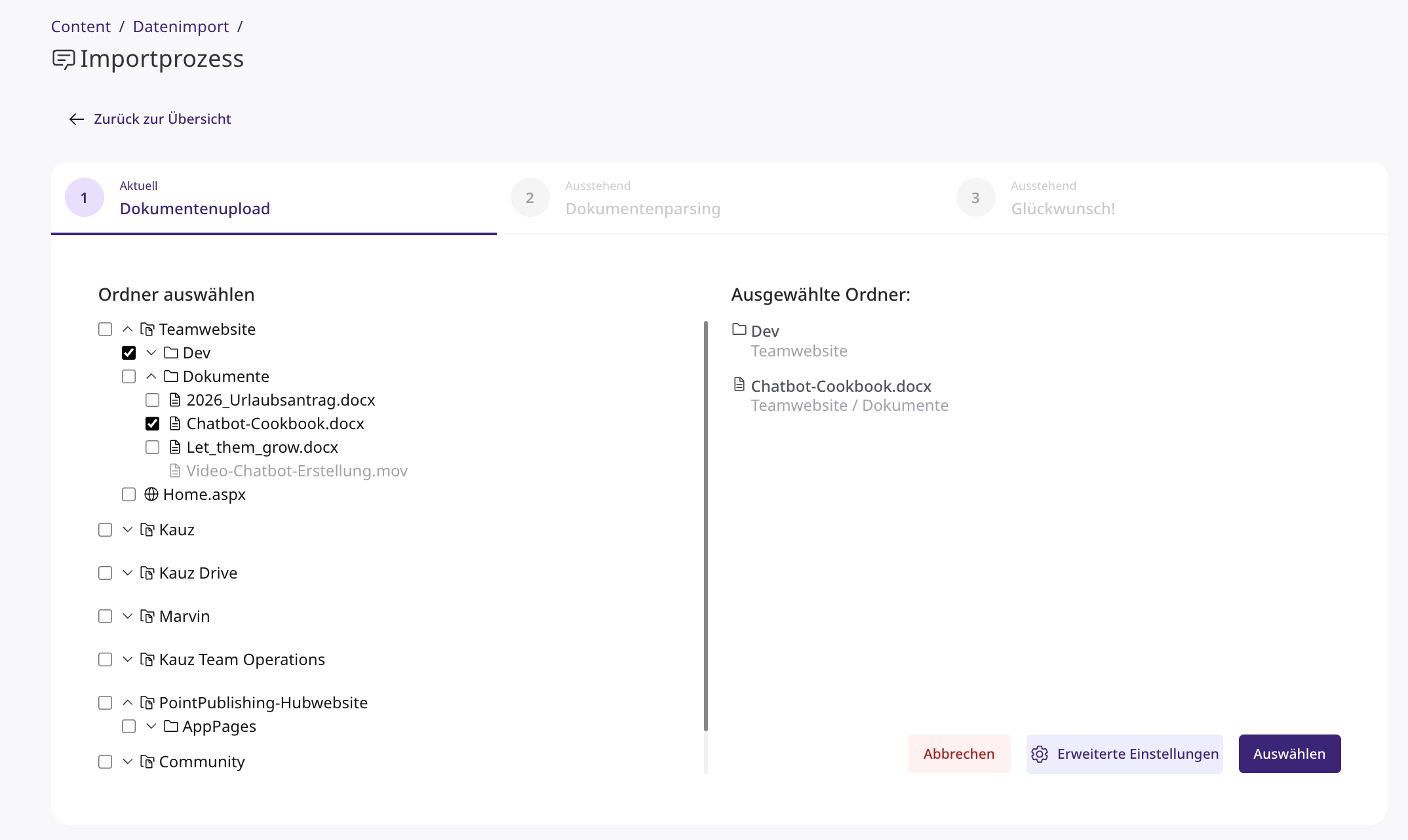Auswahl einzelner Dateien beim Sharepoint-Import