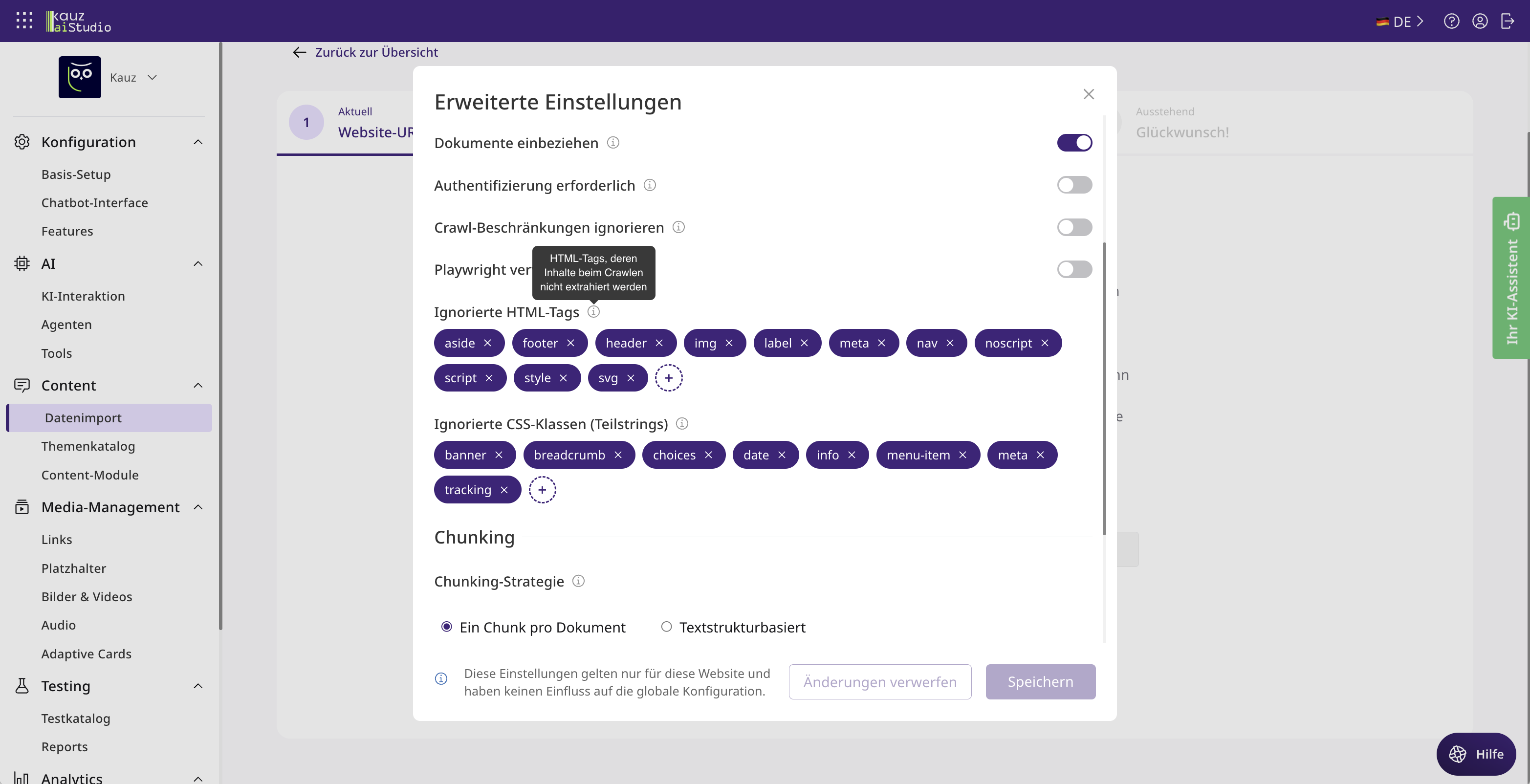 Konfiguration von ignoriertem HTML und CSS beim Website-Crawling