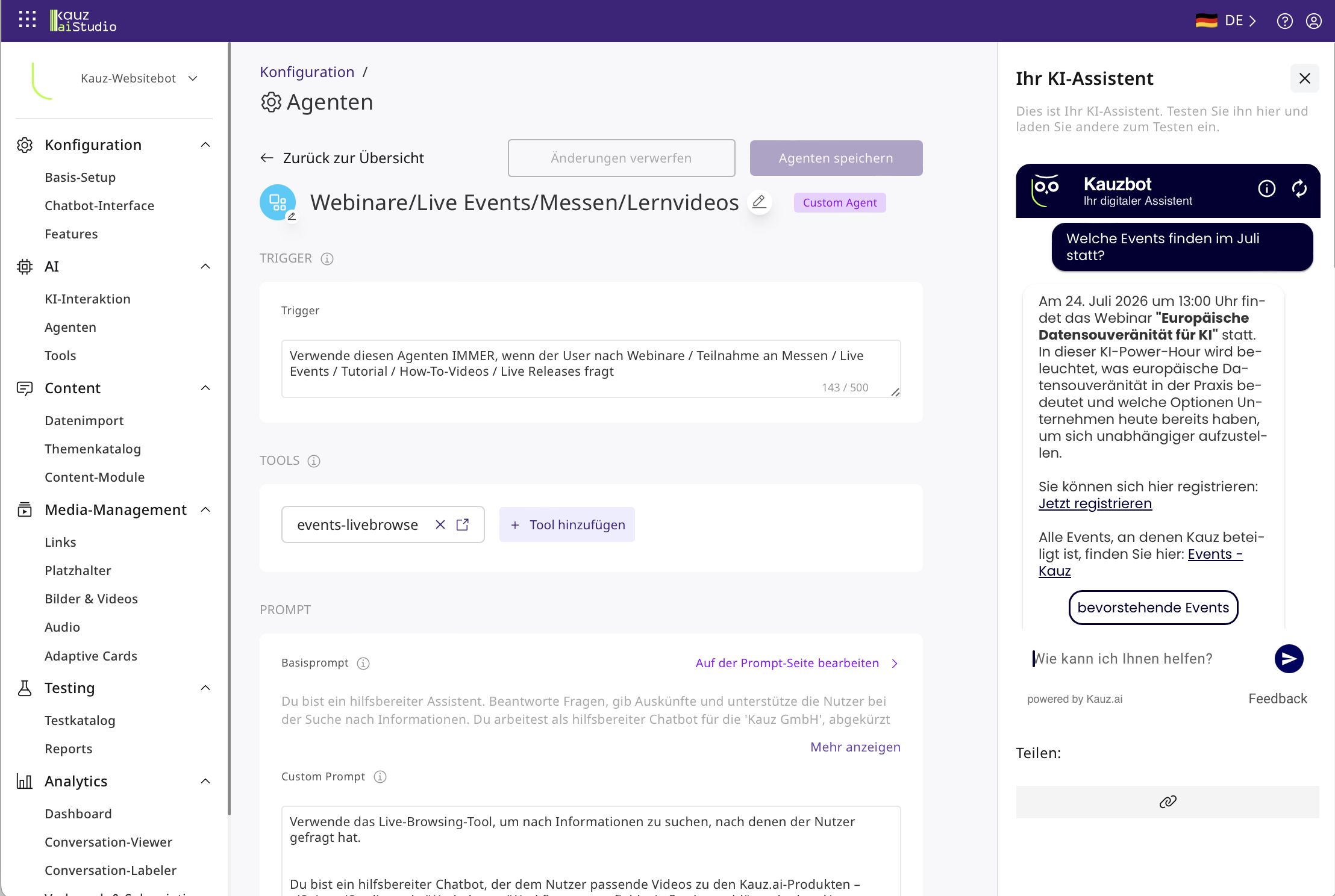 Live-Websuche im aiStudio-Chatbot