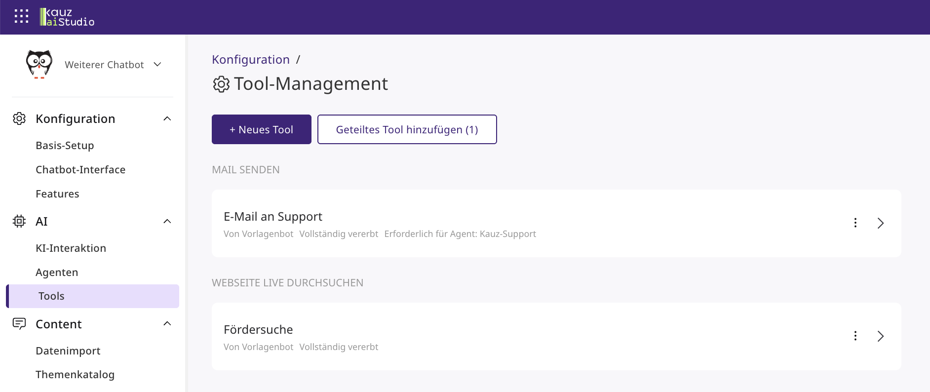 Tool-Management im übernehmenden Chatbot mit zwei übernommenen Tools vom Vorlagenbot, beide vollständig vererbt. Beim Tool E-Mail an Support steht zusätzlich Erforderlich für Agent: Kauz-Support.