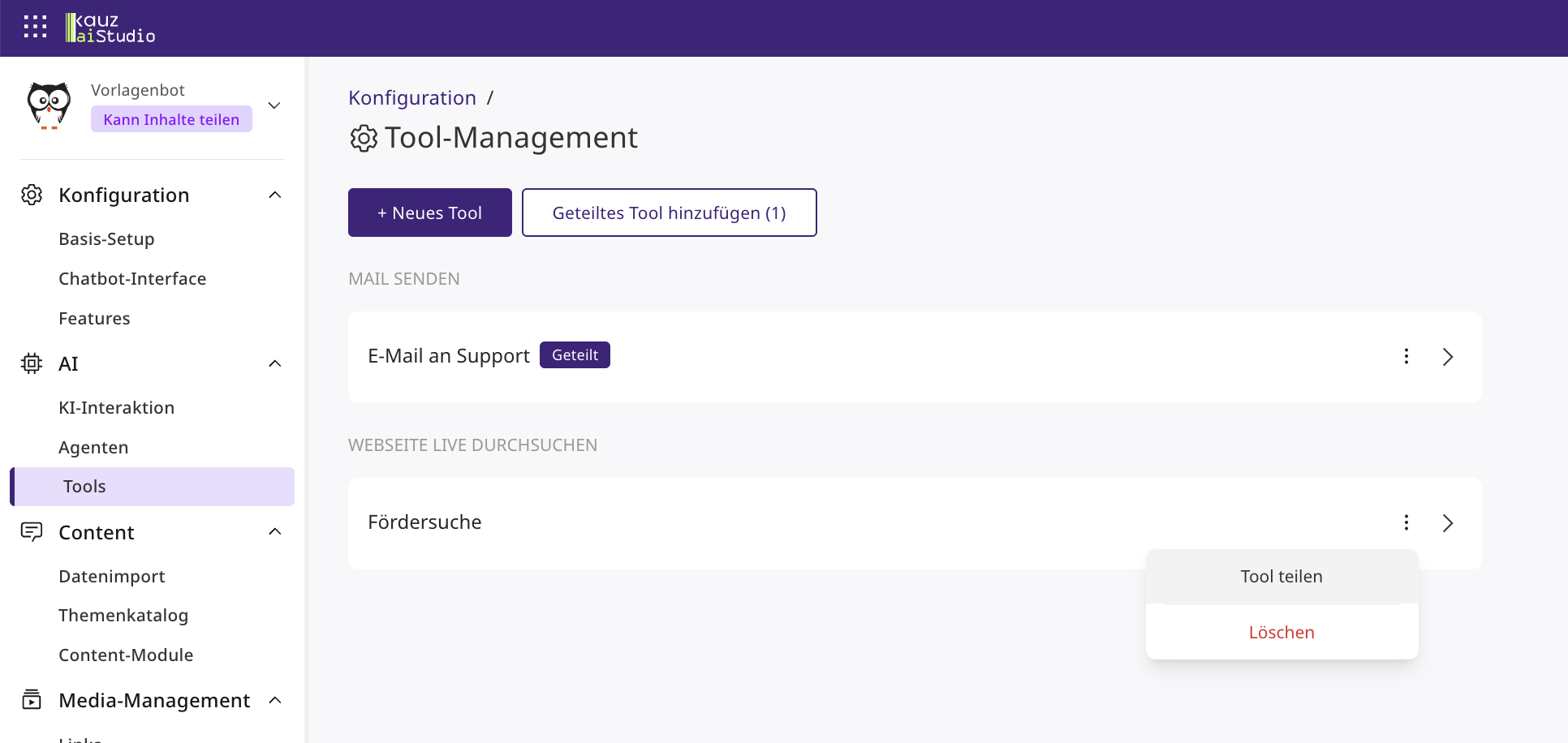 Tool-Management im Vorlagenbot. Das Tool E-Mail an Support ist bereits geteilt, im Menü des Tools Fördersuche steht Tool teilen.