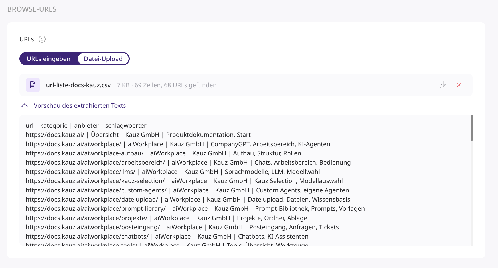 Hochgeladene URL-Liste im Websuche-Tool mit Anzahl der gefundenen URLs und Vorschau