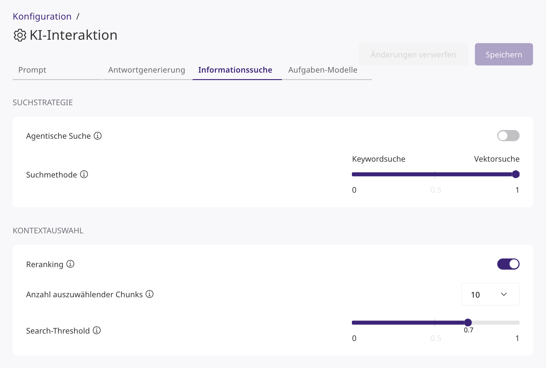 Reiter Informationssuche mit aktiviertem Reranking im Bereich Kontextauswahl