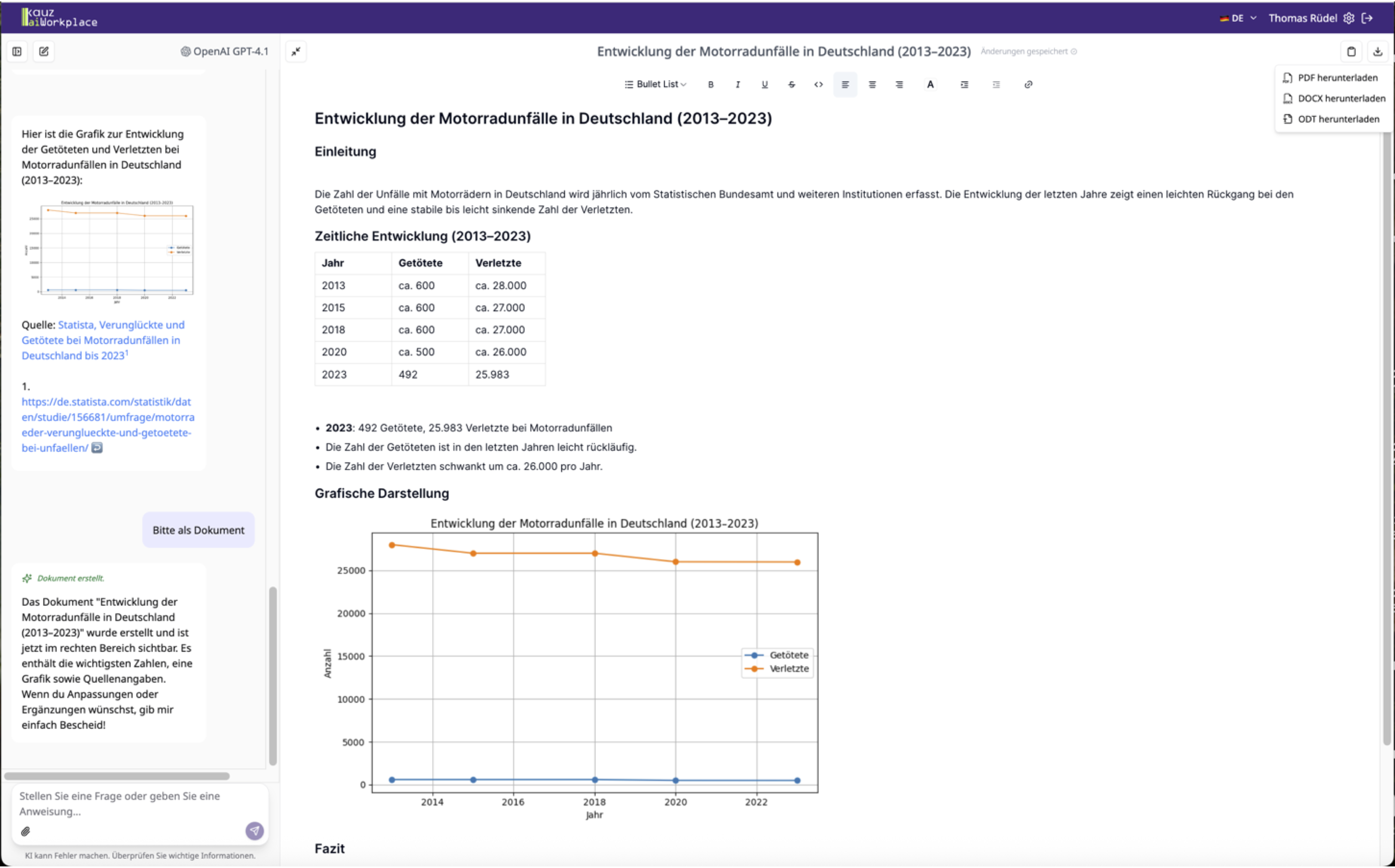 Dokument mit Informationen aus einer Internetsuche und generierter Grafik im aiWorkplace