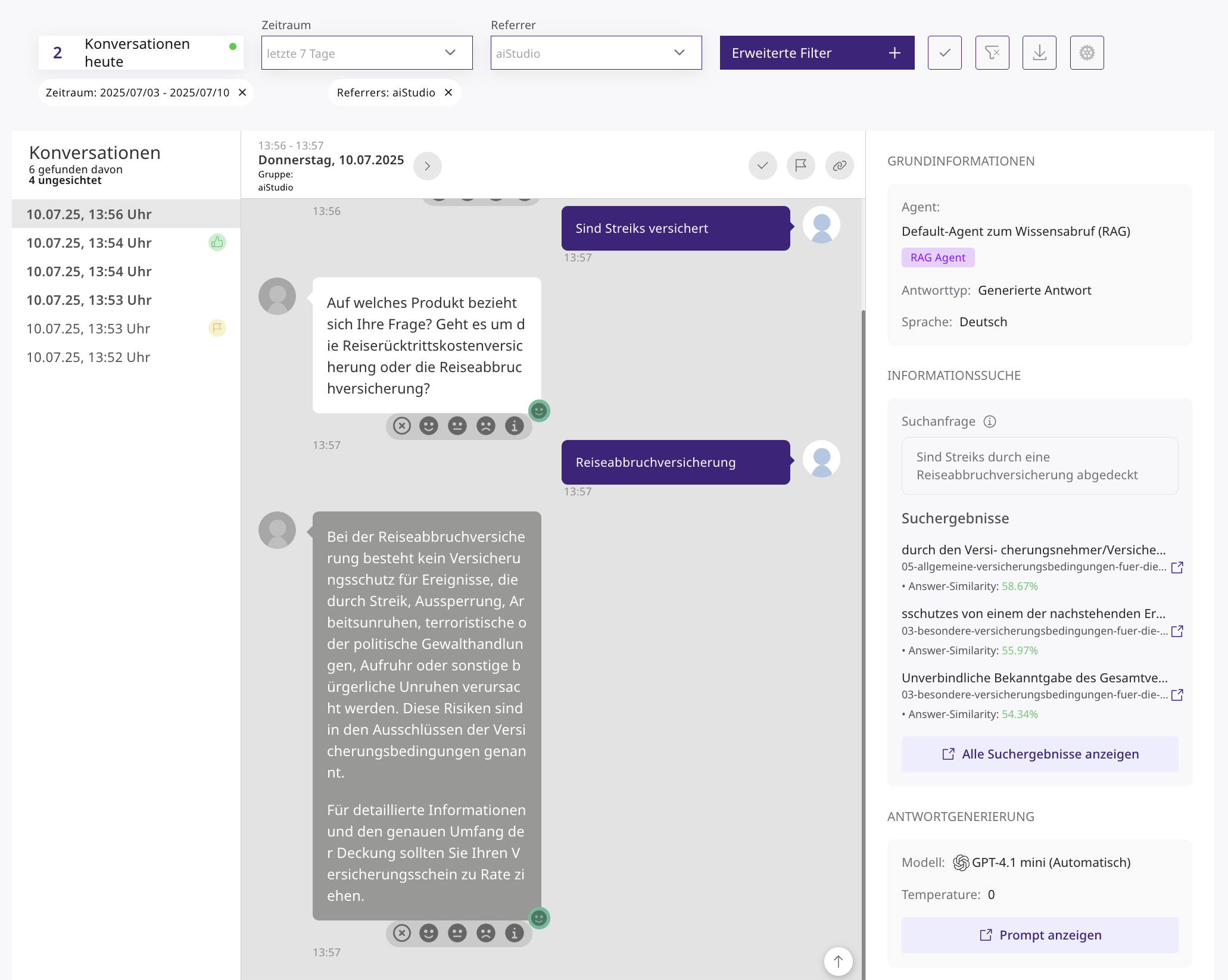 Detaillierte Transparenz-Informationen für die Such- und Antwortgenerierung