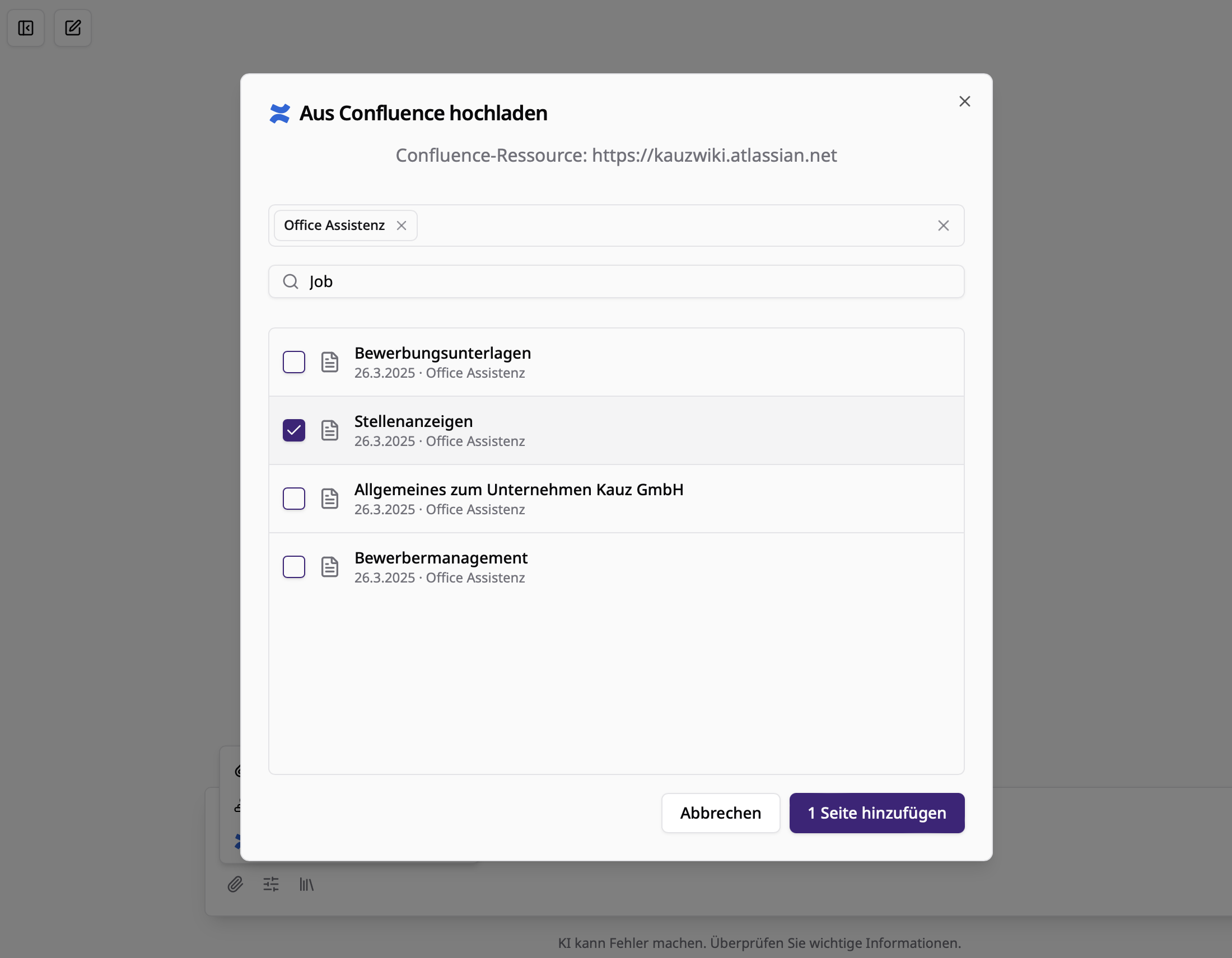 Seiten zum Upload in Confluence suchen