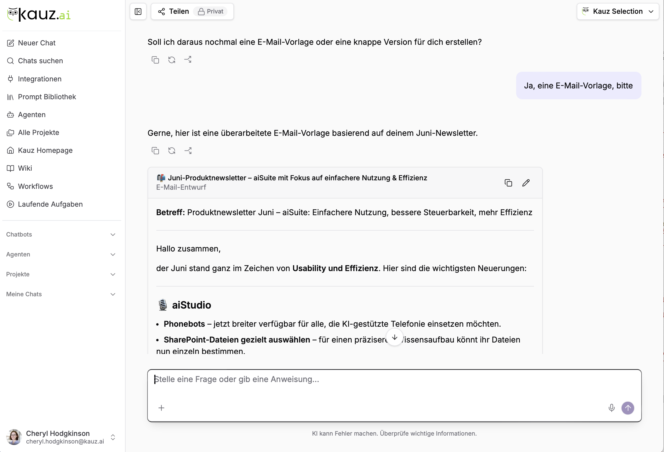 Kompakte Bearbeitungsansicht für E-Mails, Social-Media-Posts oder Ankündigungen