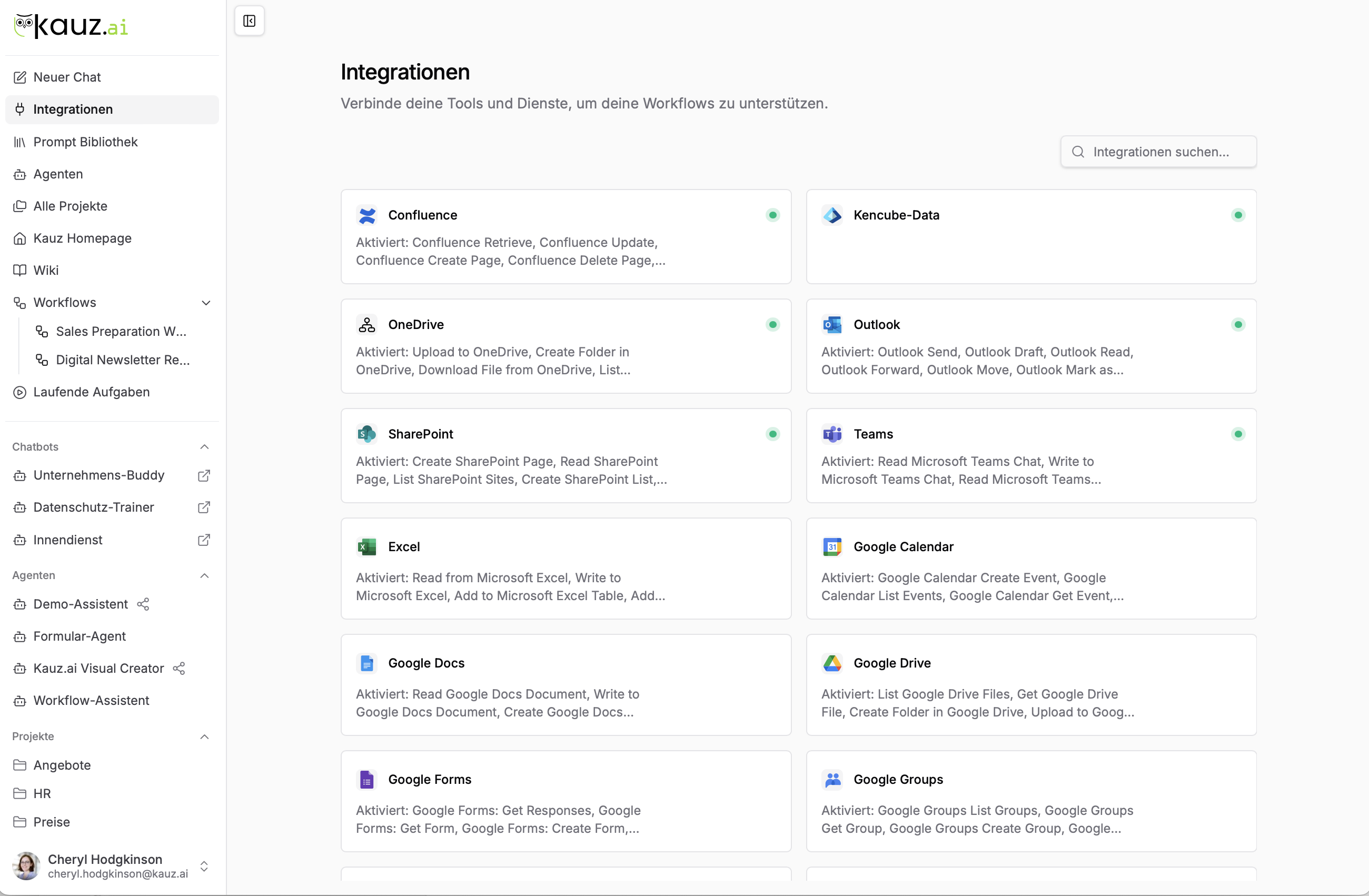 Integrations-Seite im aiWorkplace