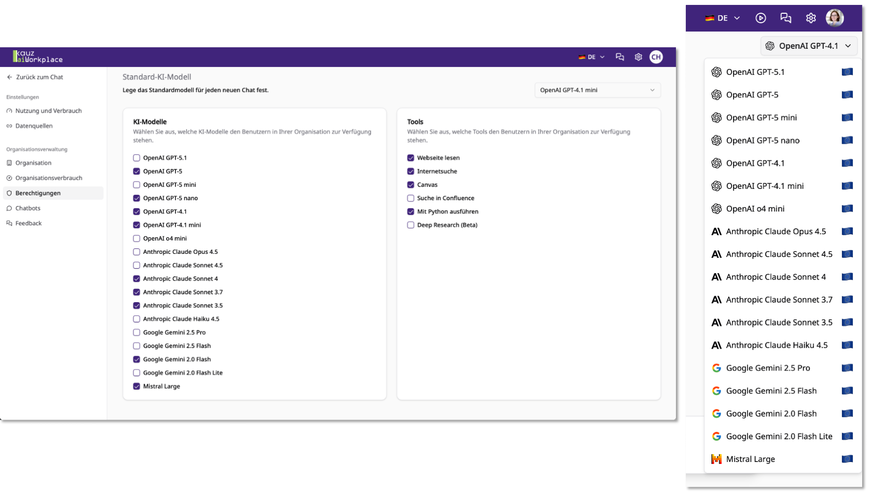 aiWorkplace Modellauswahl im Berechtigungssystem und im Chat
