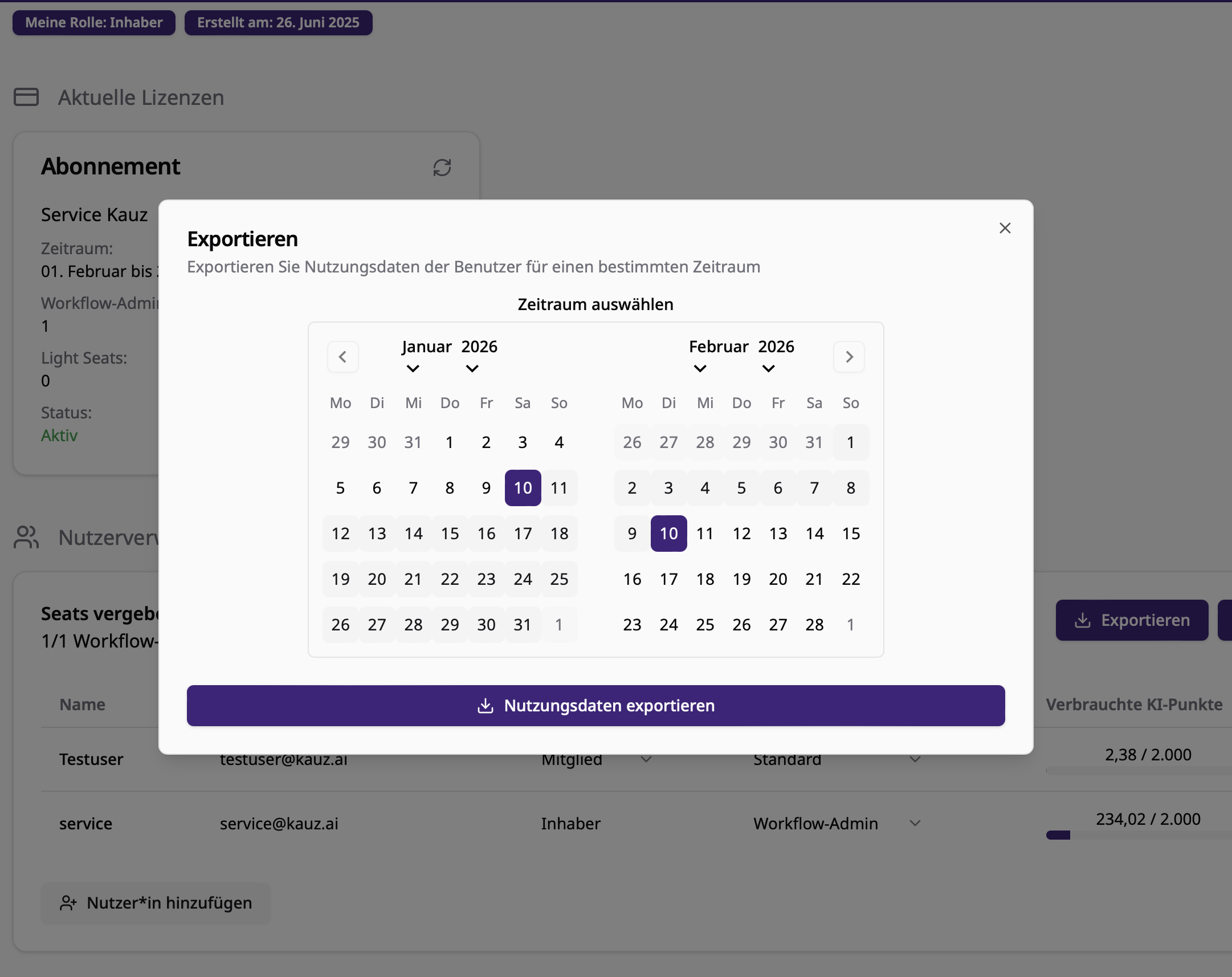 Nutzungsdaten im Benutzermanagement exportieren