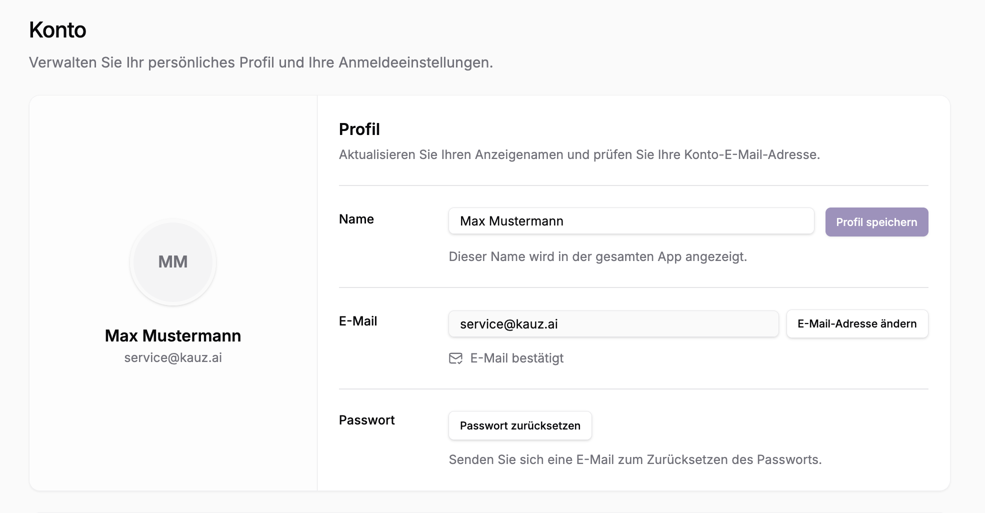 Profil in den Kontoeinstellungen mit Name, E-Mail-Adresse und Passwort