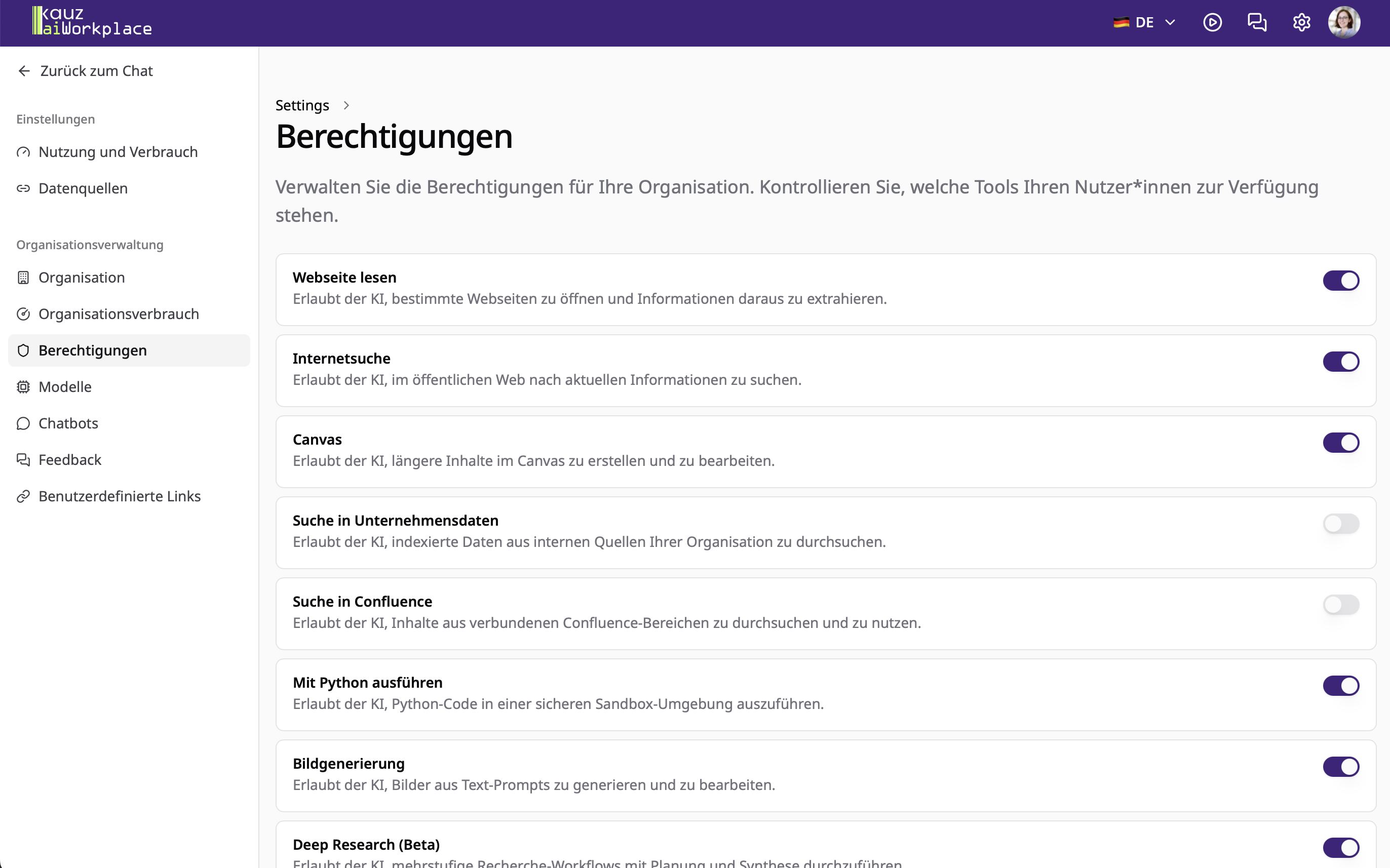 Tool-Berechtigungen für die Organisation verwalten