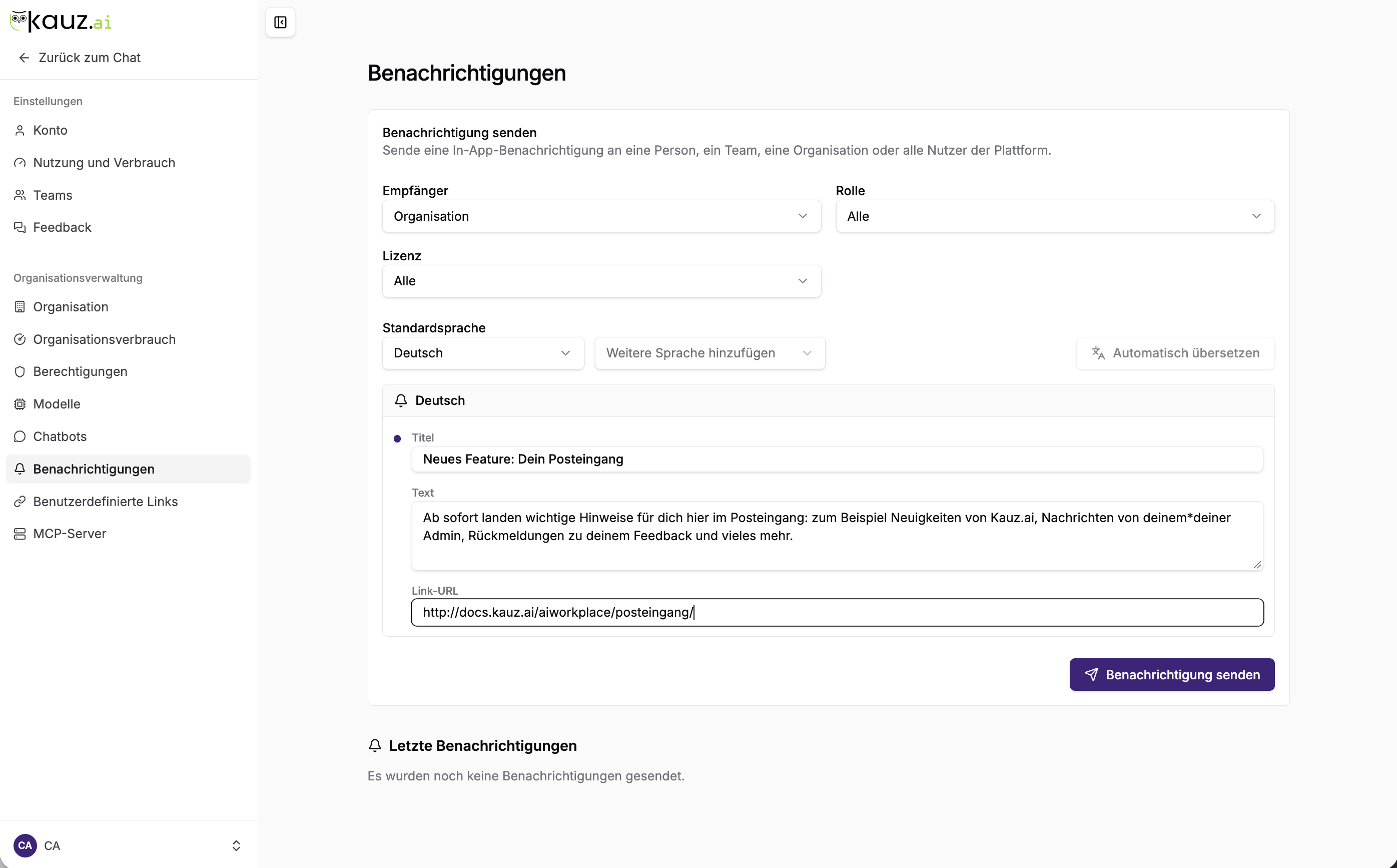 Benachrichtigung senden mit Empfänger, Titel, Text und Link-URL