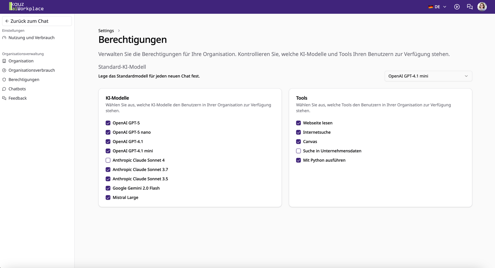 Berechtigungen für die Organisation verwalten