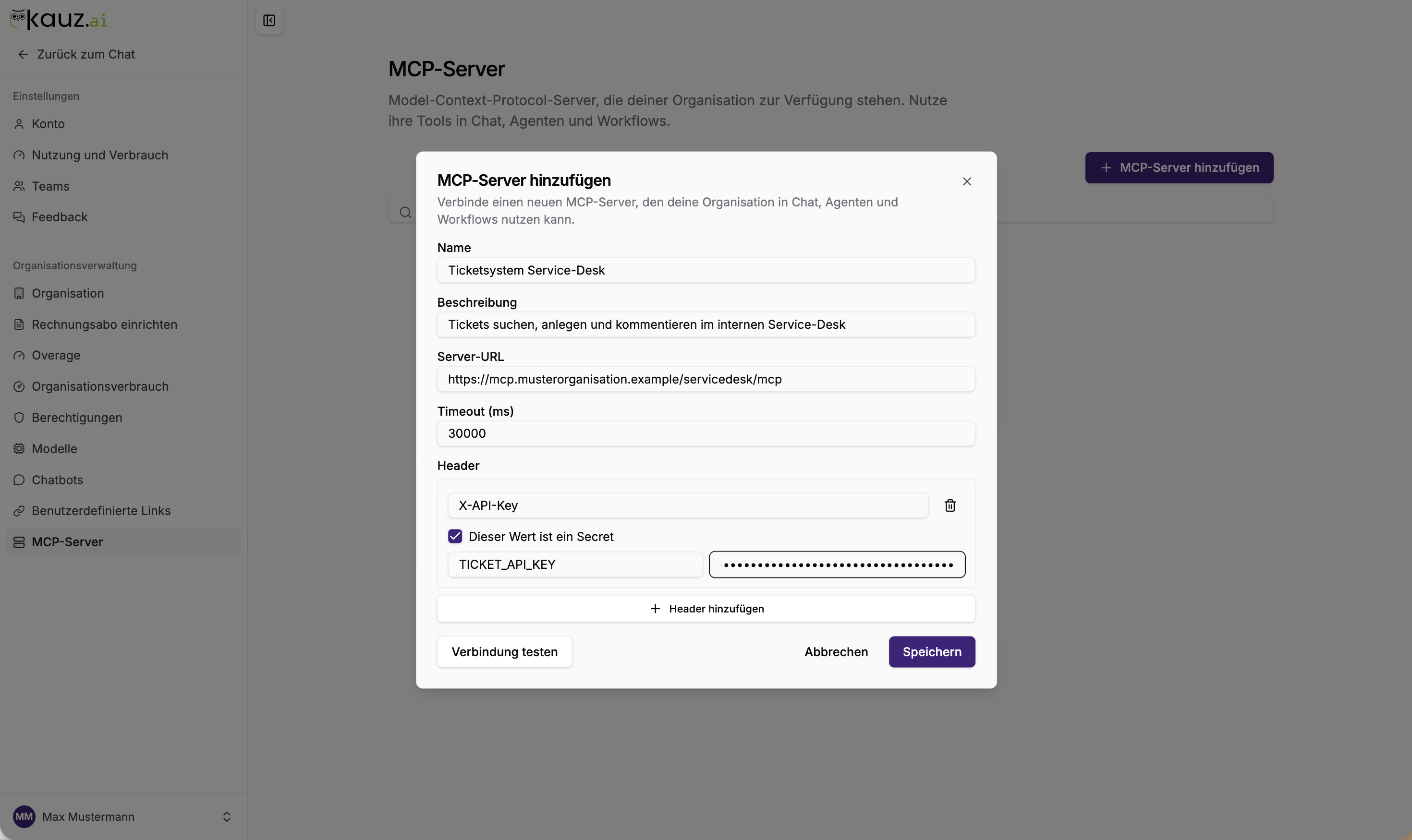 Dialog „MCP-Server hinzufügen“ mit Name, Beschreibung, Server-URL, Timeout und einem Header als Secret