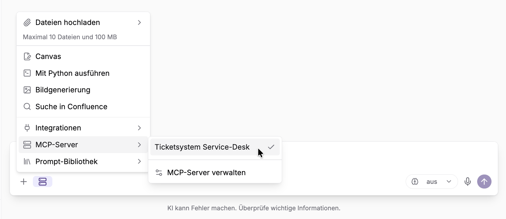 MCP-Server im Plus-Menü des Chats auswählen
