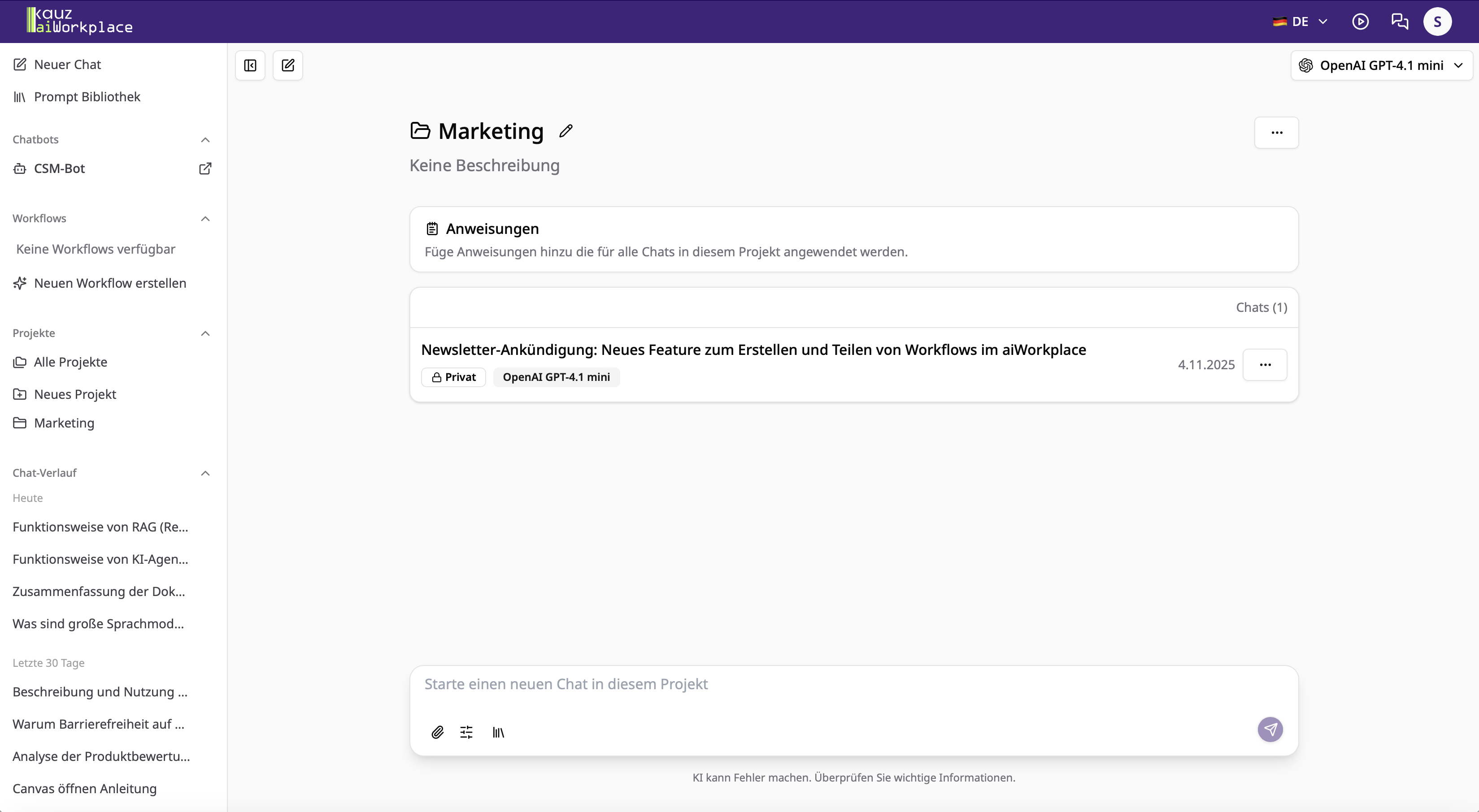 Chats innerhalb eines Projektes