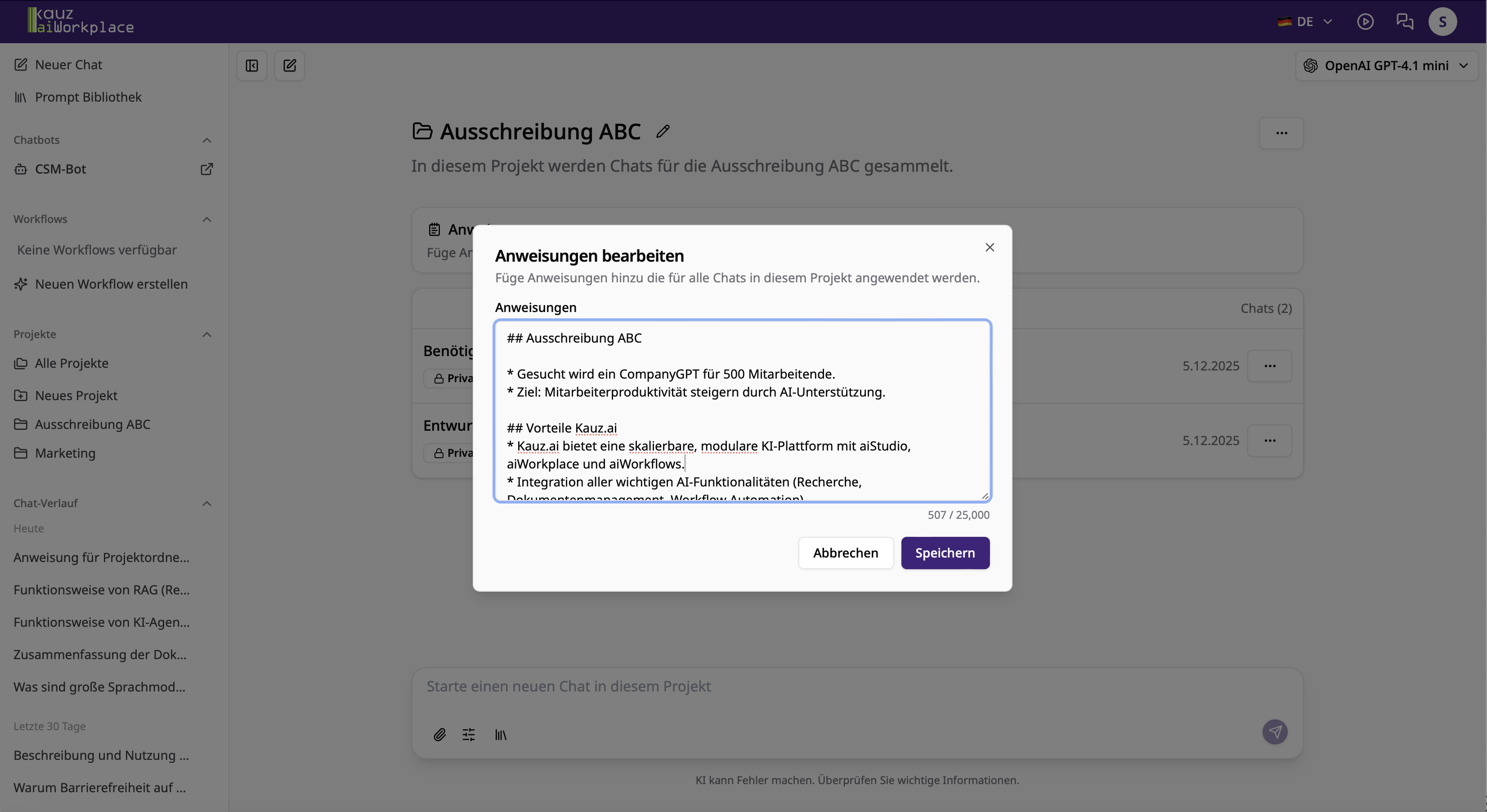 Anweisungen für ein Projekt hinzufügen
