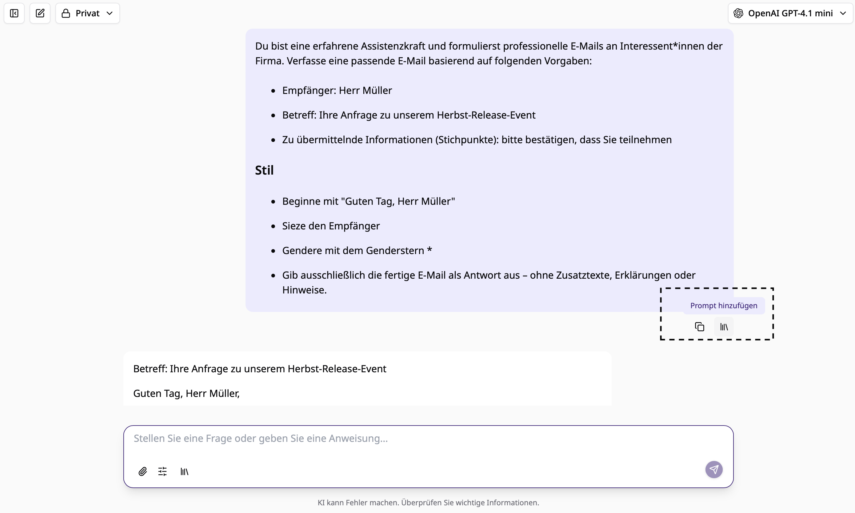 Prompt aus dem Chat abspeichern