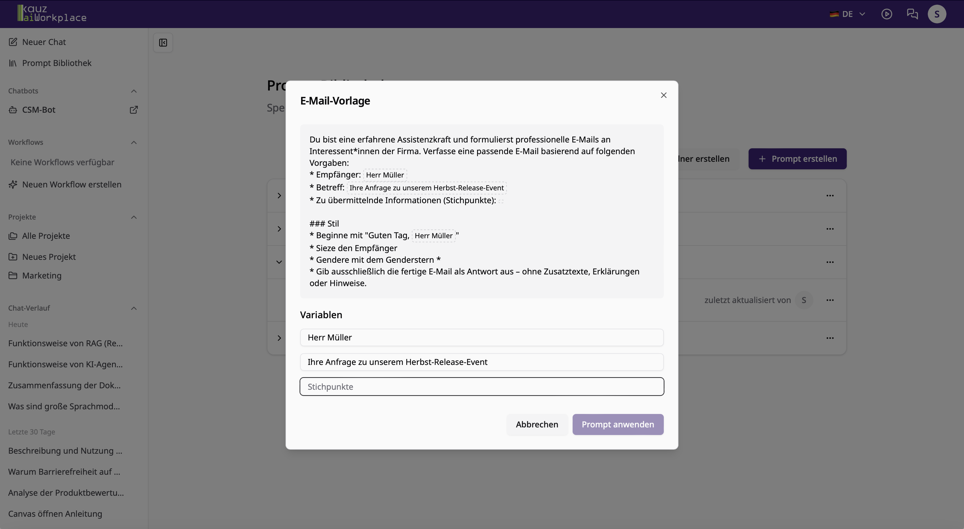 Prompt direkt aus der Prompt-Bibliothek in einen neuen Chat einfügen