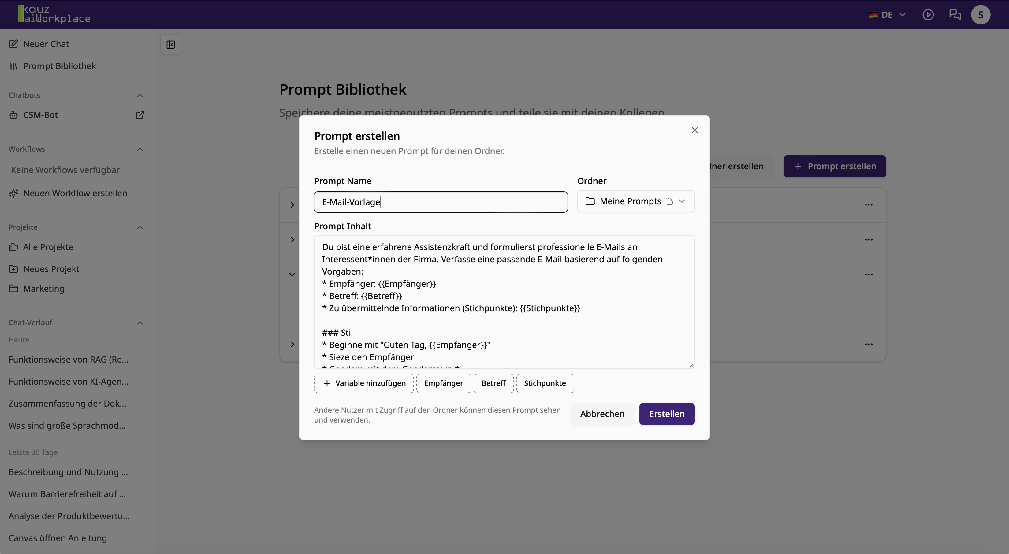 Prompt mit Variablen in der Prompt-Bibliothek erstellen