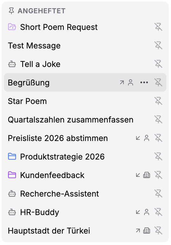 Der Bereich „Angeheftet“ mit Chats, Projekten und Agenten