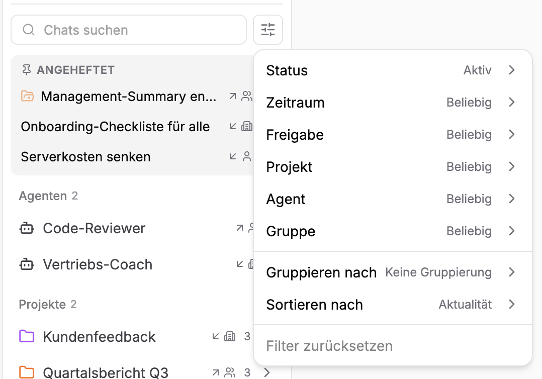 Die Ansichtsoptionen mit allen Filtern, Gruppierung und Sortierung