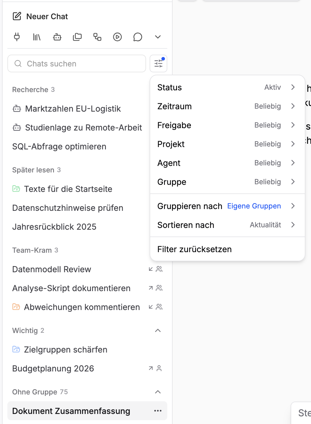 Chats nach eigenen Gruppen gruppiert
