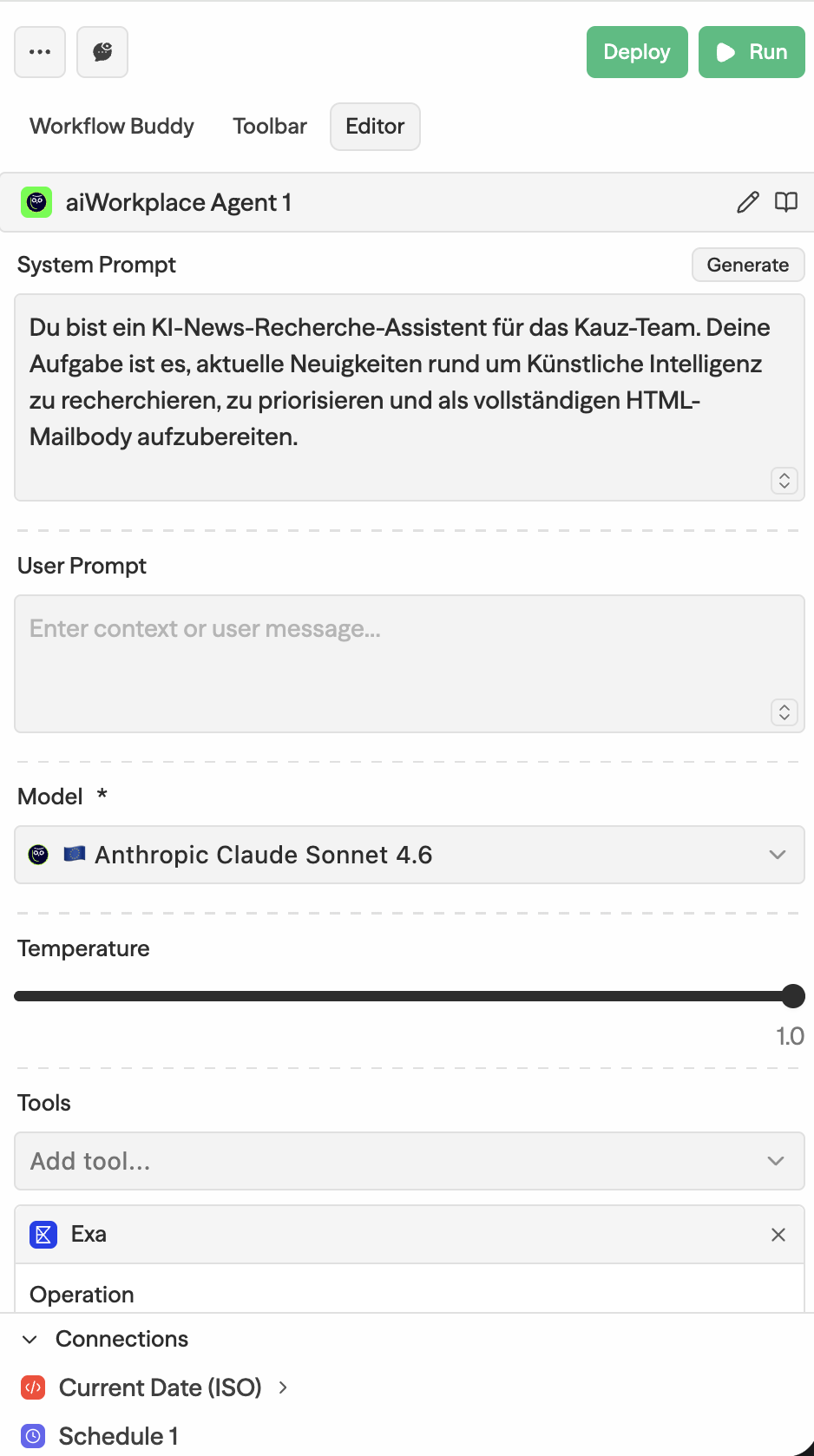 Editor eines aiWorkplace Agent