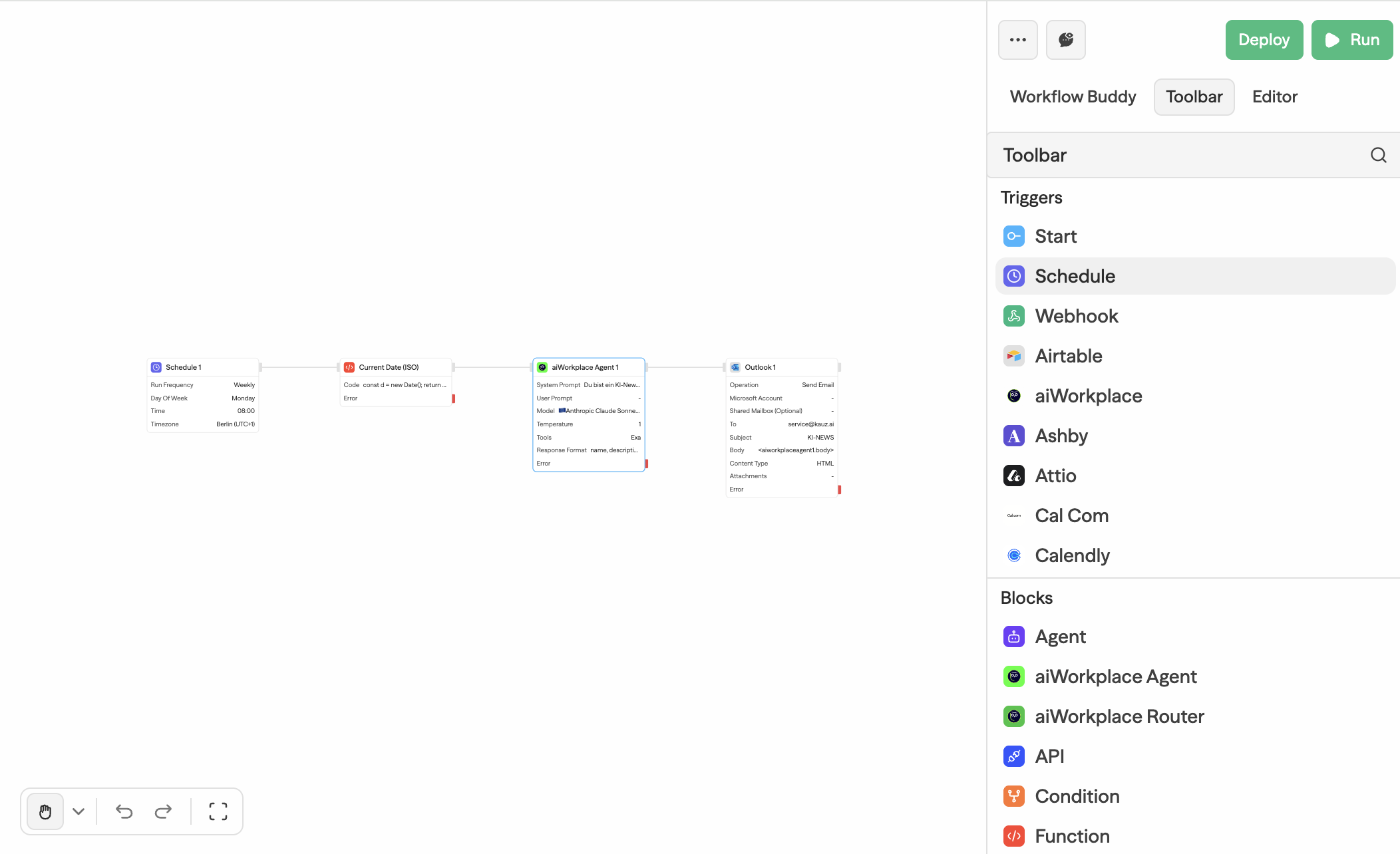 Toolbar mit Triggers und Blocks
