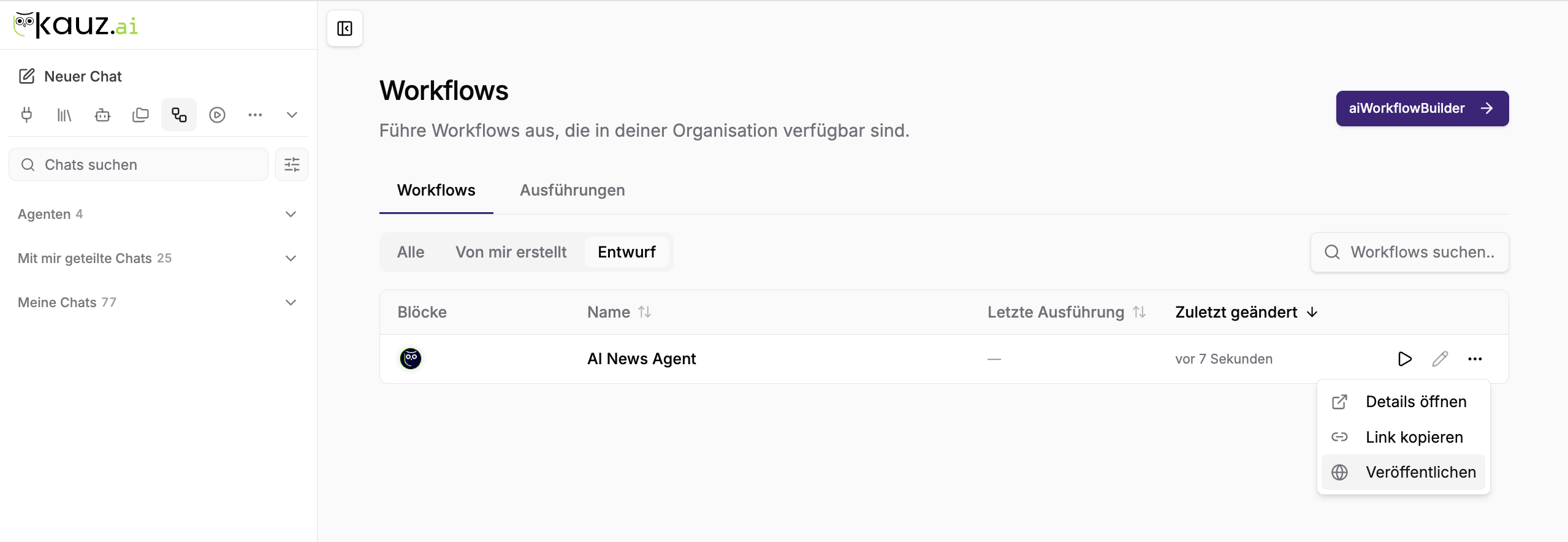 Anzeige eigener Workflow-Entwürfe im aiWorkplace