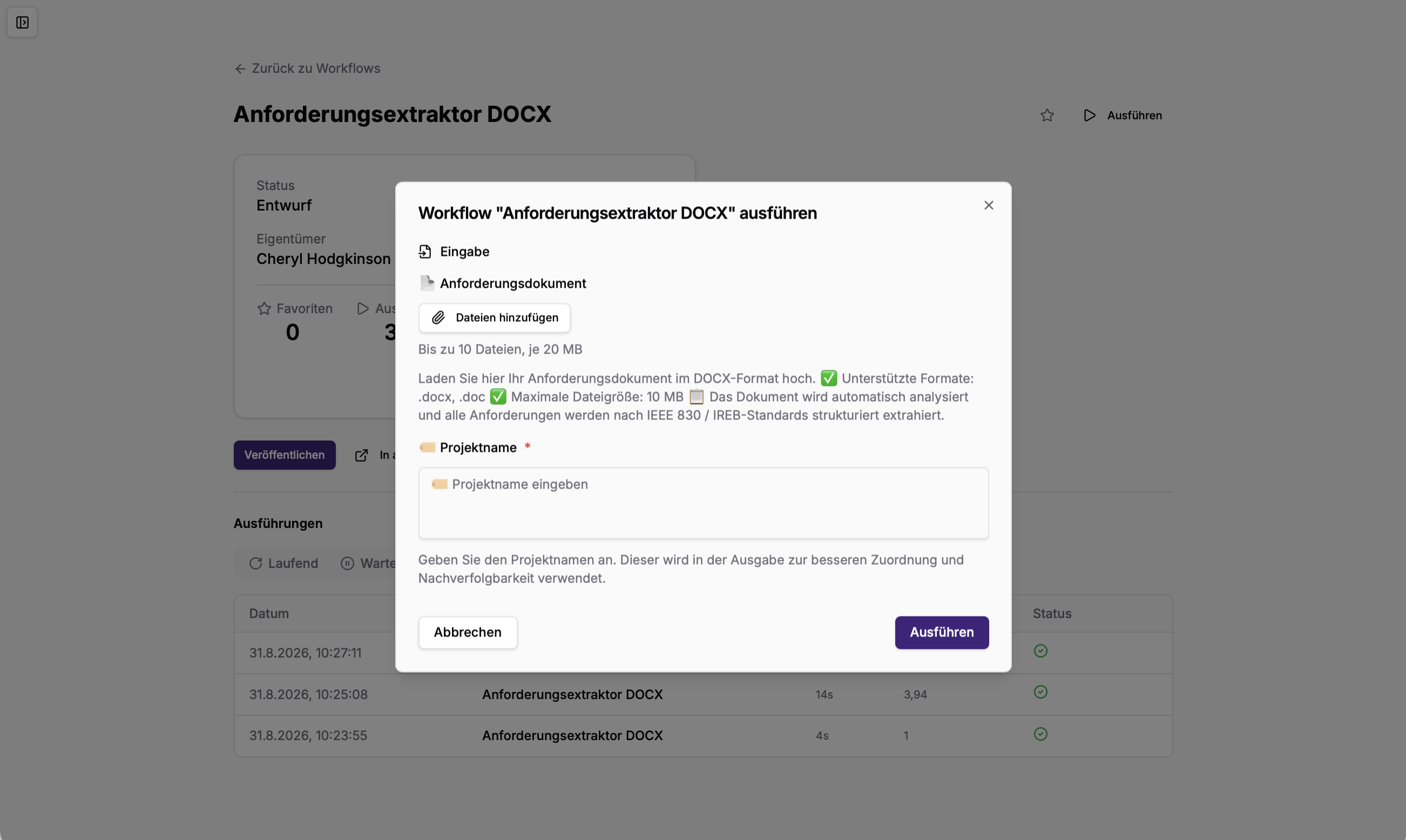 Dateien beim Ausführen eines Workflows im aiWorkplace hochladen
