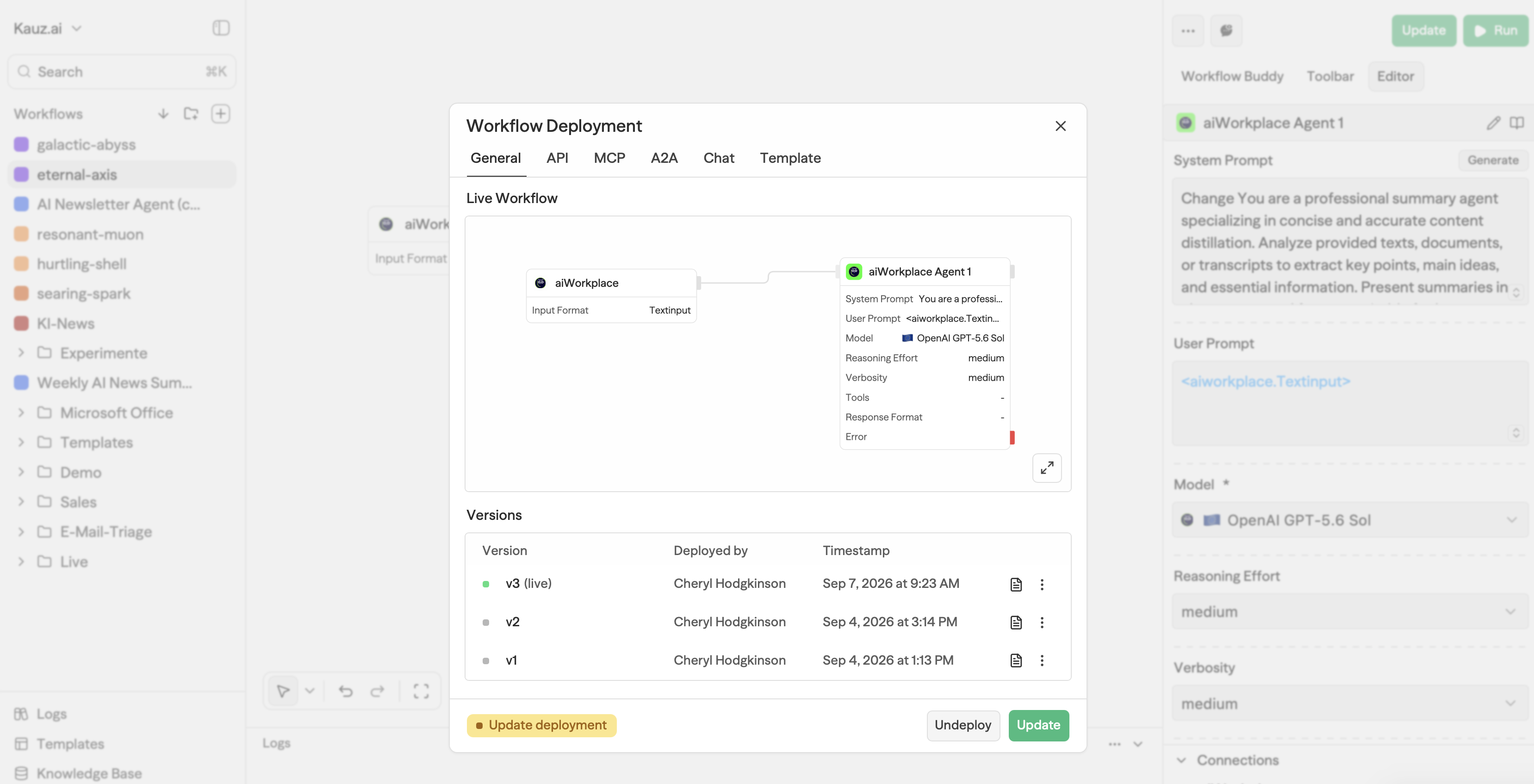 Dialog "Workflow Deployment" mit neuer Version
