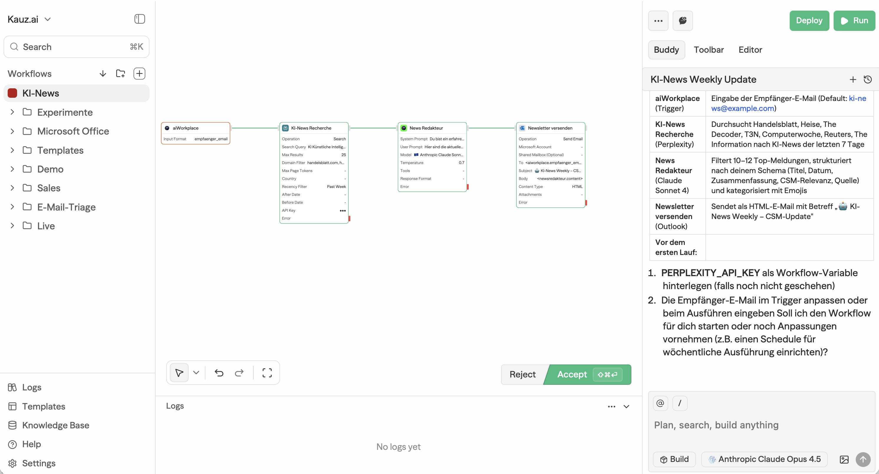 Der Workflow-Buddy erstellt einen neuen Workflow und erklärt die einzelnen Blöcke