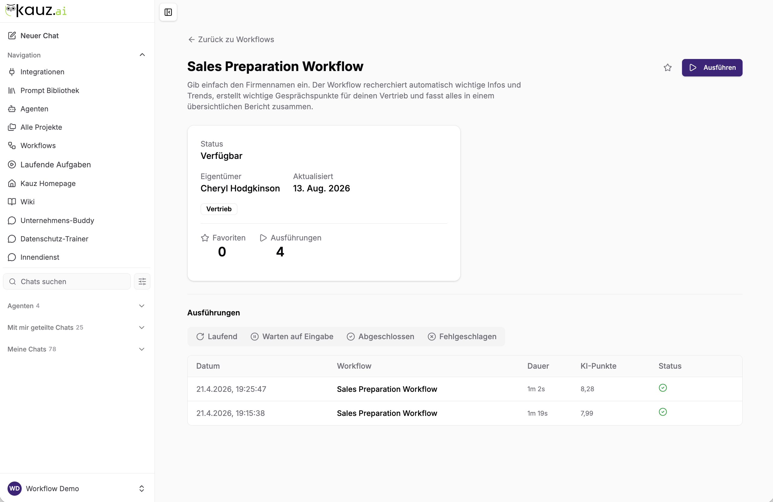 Detailseite eines Workflows im aiWorkplace